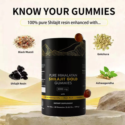 Pure Himalayan Shilajit Gummies, 3000 Mg Gold Grade Shilajit with Ashwagandha, Gokshura for Energy and Immune Support